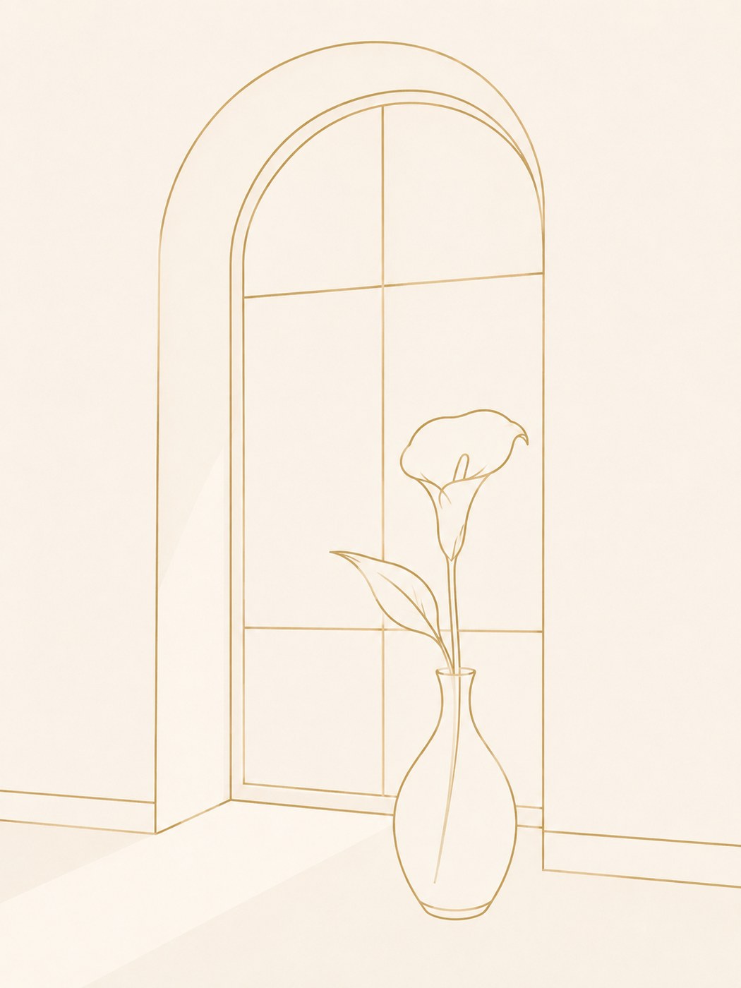 Lijnillustratie in goud: een ruimte met een hoog boograam en een calla-lelie in een vaas